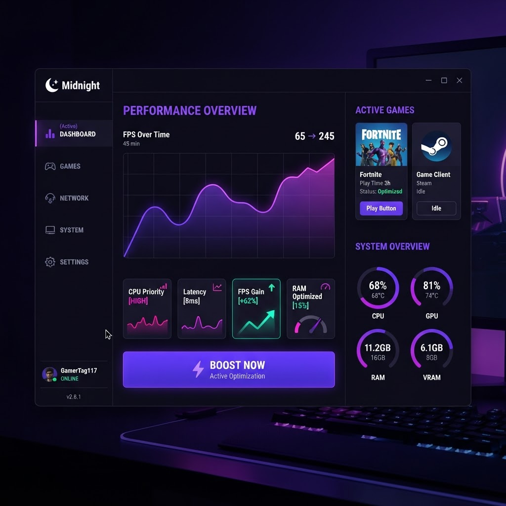 Midnight desktop client showing live performance overview, active games, and system telemetry